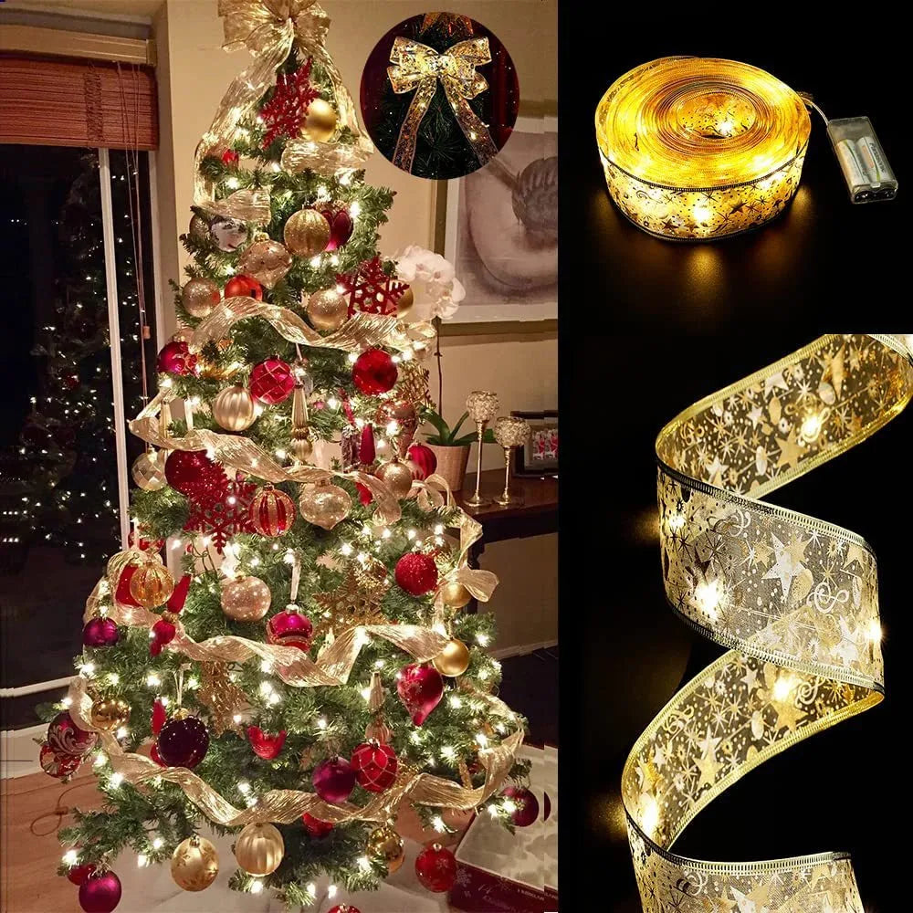 Christmas Decoration LED Ribbon Fairy Lights Christmas Tree Ornaments for Home 2023 DIY Bows Light String Navidad New Year 2024